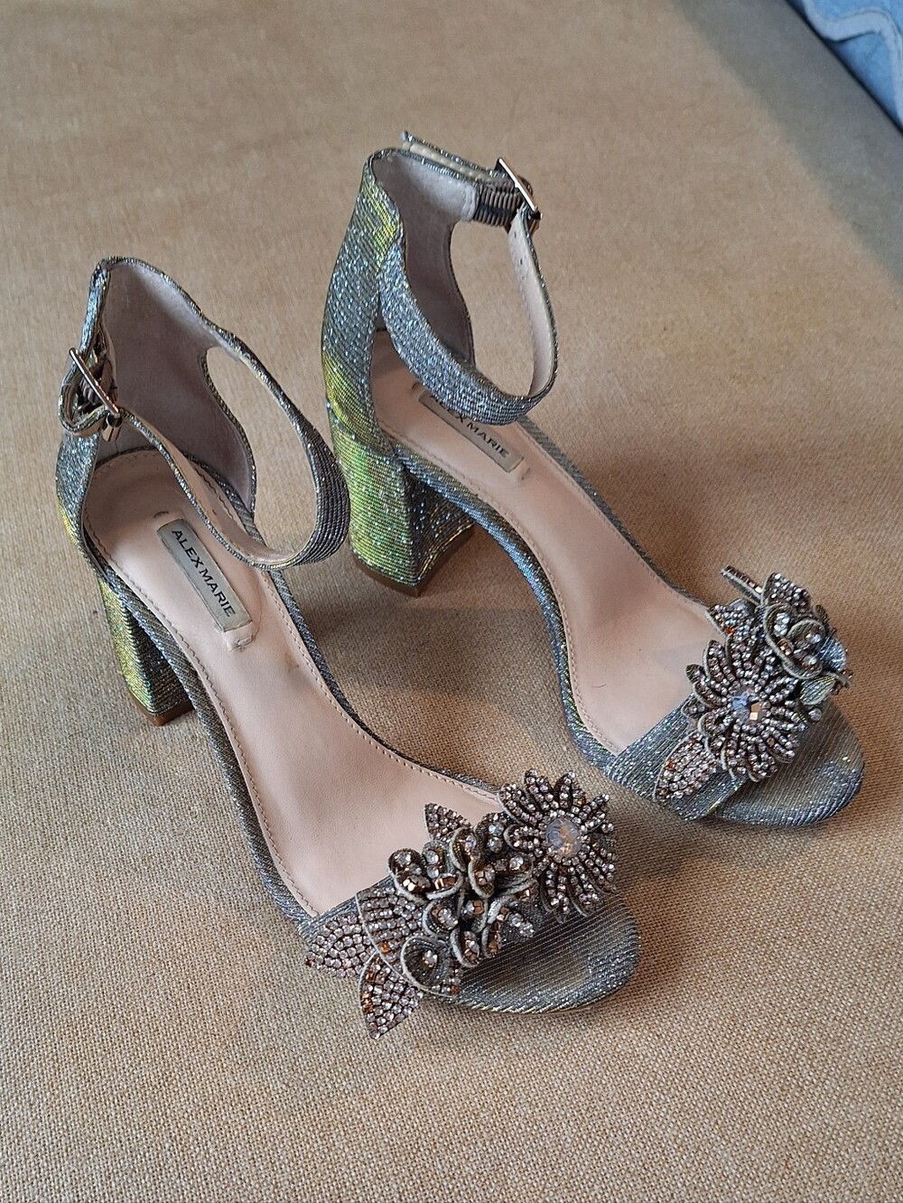 Alex Marie Embellished Block Heel Ankle Strap Sandals Silver Gold Shimmer 6.5